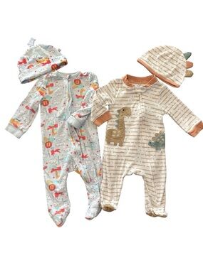 Baby Essentials Dinosaur & Stripes and Exersaucer Footies Set Lot 3 mo with hats
